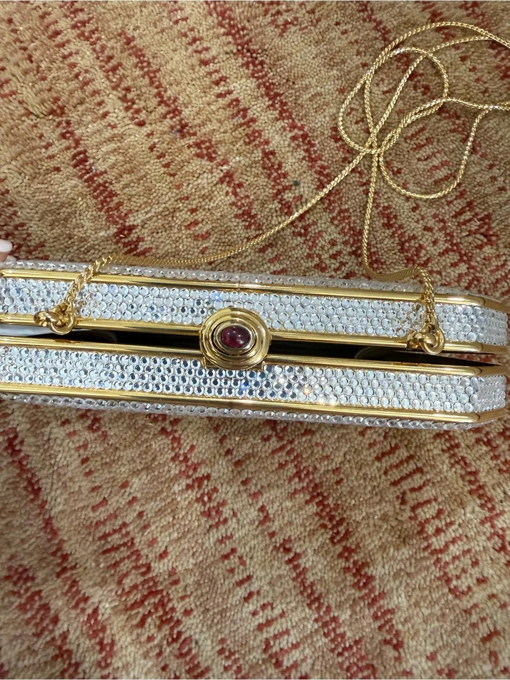 Judith Leiber Silver Crystal Minaudière with Gold Frame - never used